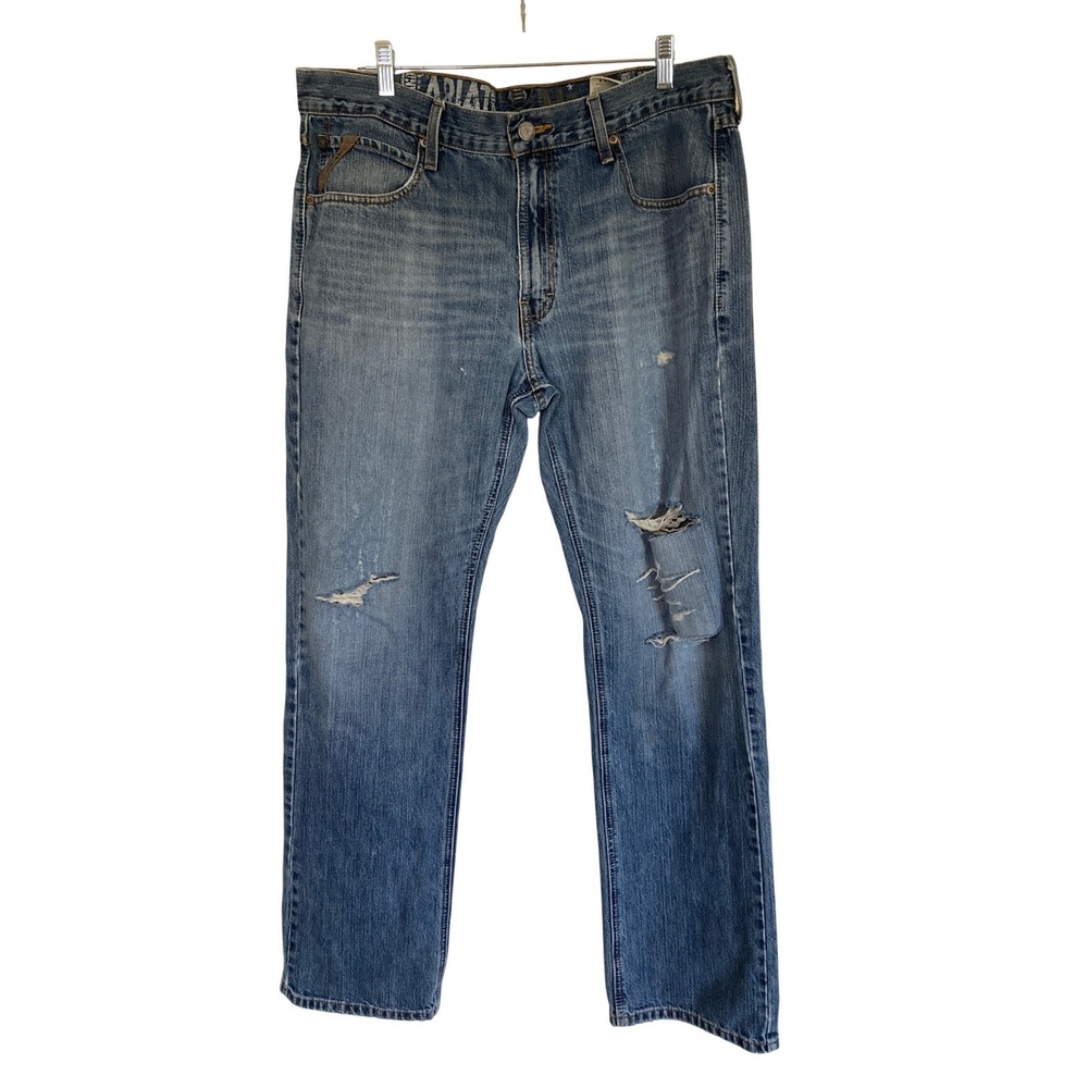 Ariat Swagger Straight Leg Jeans Mens 36x34 Medium Wash Distressed Ripped Denim